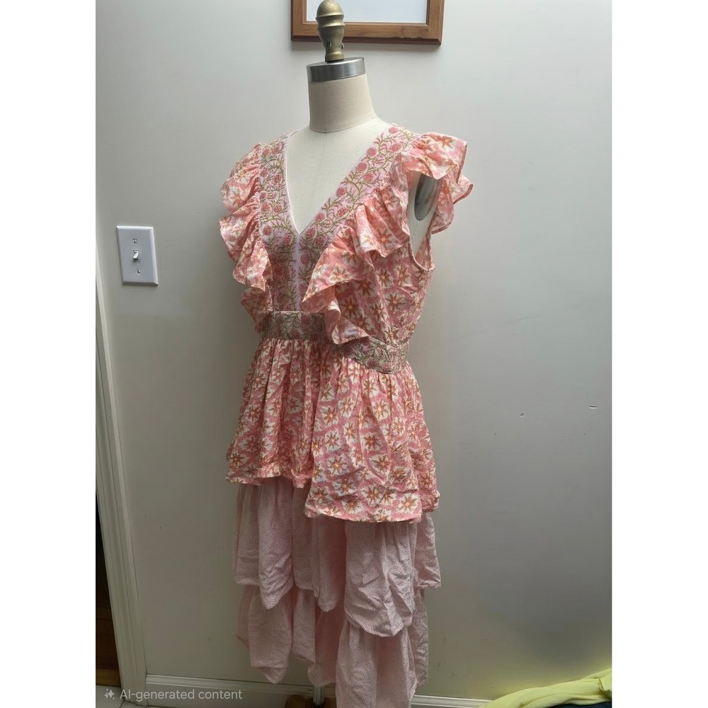 Marea Pink Floral Block‎ Print Tiered Ruffle Dress Embroidered V-Neck Small